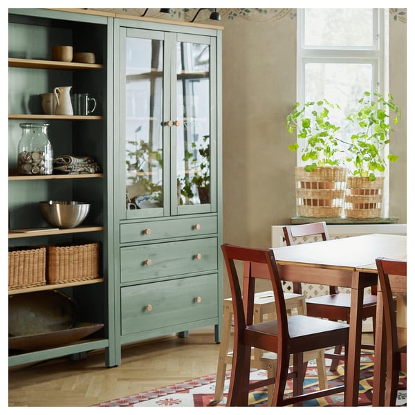 HEMNES Kombinasi storan dgn pintu/laci, kelabu-hijau/berwarna coklat muda, 180x197 cm