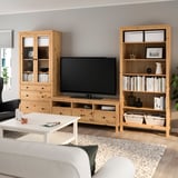 HEMNES Kombinasi storan TV, coklat muda/kaca jernih, 326x198 cm