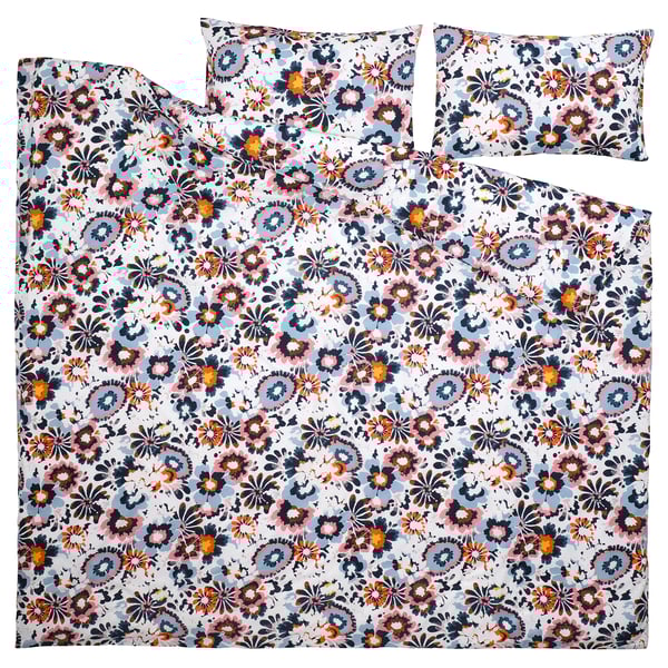 HÖNSGULLÖRT Sarung duvet dan 2 sarung bantal, corak bunga-bungaan/pelbagai warna, 200x200/50x80 cm