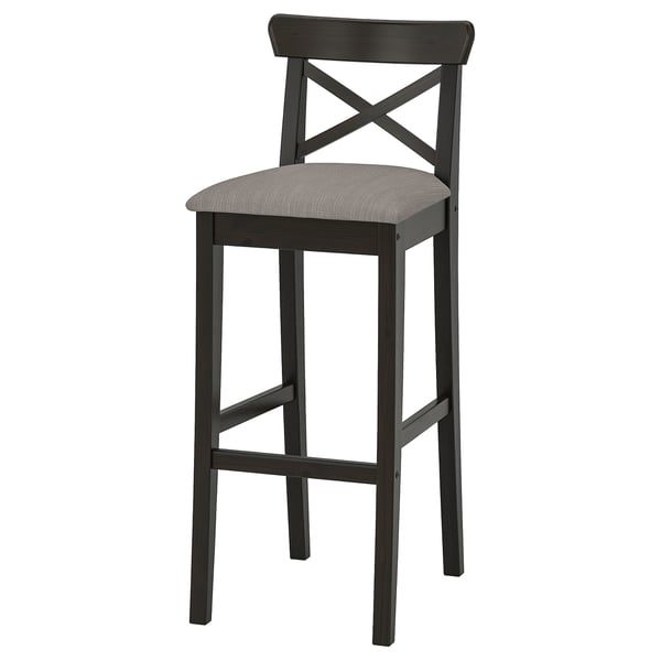 INGOLF Bangku bar dengan penyandar, coklat hitam/Nolhaga kelabu kuning air, 75 cm