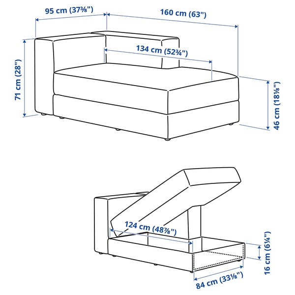 JÄTTEBO Modul chaise longue, kanan, dengan tempat letak tangan/Samsala kelabu kuning air