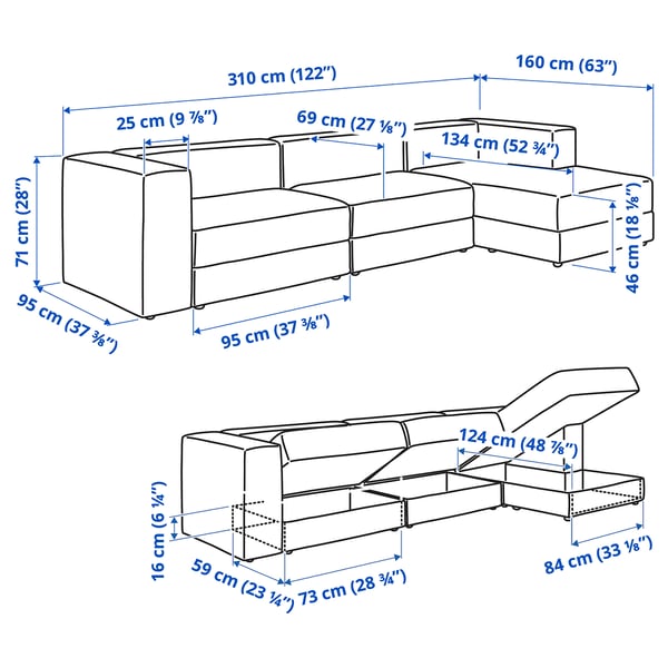JÄTTEBO Sofa mod. 4 tpt ddk + chaise longue, kanan/Samsala kelabu kuning air