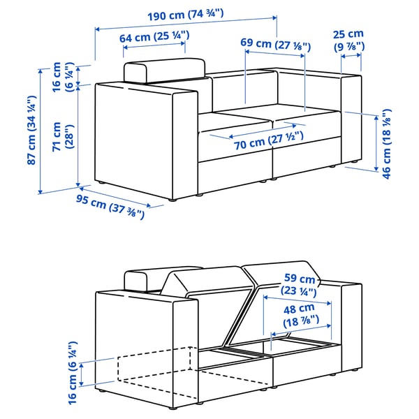 JÄTTEBO Sofa modular 2 tempat duduk, dengan penyandar kepala/Tonerud kelabu