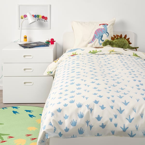 JÄTTELIK Sarung duvet dan sarung bantal, dinosaur/putih, 150x200/50x80 cm