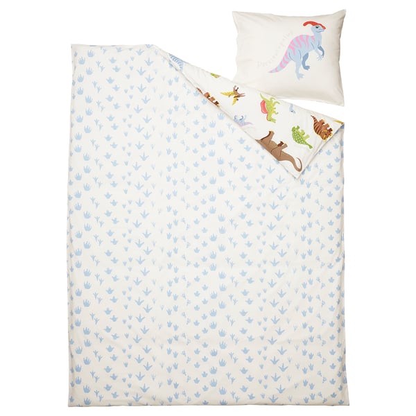 JÄTTELIK Sarung duvet dan sarung bantal, dinosaur/putih, 150x200/50x80 cm