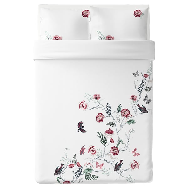 JÄTTELILJA Sarung duvet dan 2 sarung bantal, putih/corak berbunga, 200x200/50x80 cm