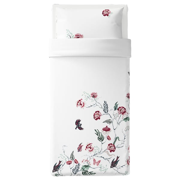 JÄTTELILJA Sarung duvet dan sarung bantal, putih/corak berbunga, 150x200/50x80 cm
