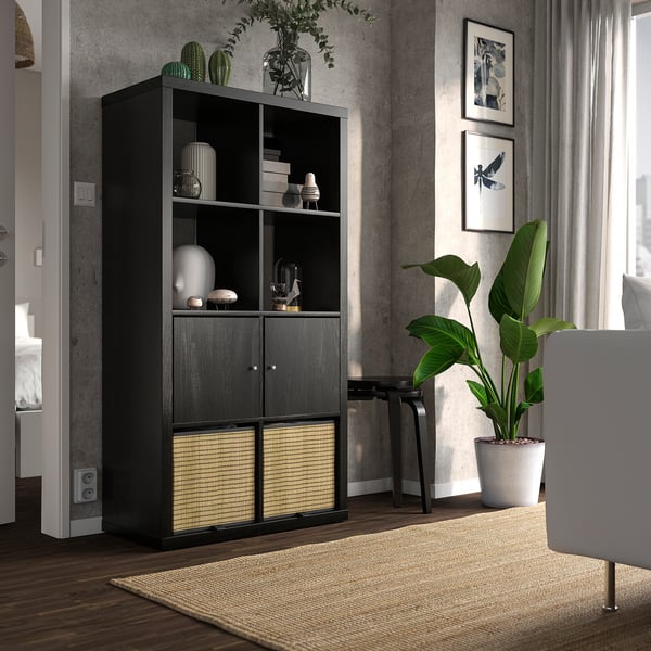 KALLAX Unit rak berpintu, hitam coklat, 77x147 cm