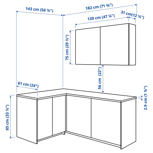 KNOXHULT Dapur sudut, kesan kayu kelabu, 182x143x220 cm