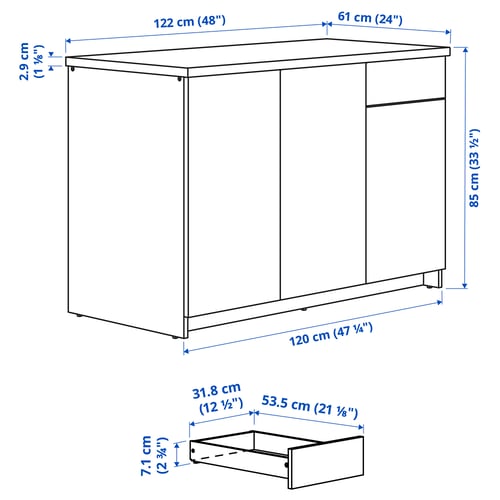 KNOXHULT Kabinet dasar berpintu dan laci, kesan kayu/kelabu, 120 cm