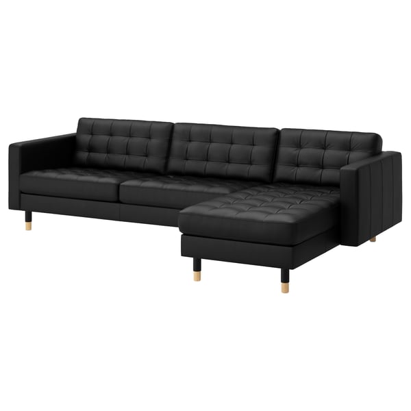 LANDSKRONA Sofa 4 tempat duduk, dengan chaise longue/Grann/Bomstad hitam/kayu