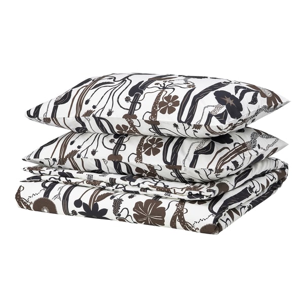 LUNDSKAFTING Sarung duvet dan 2 sarung bantal, putih/hitam/coklat, 200x200/50x80 cm