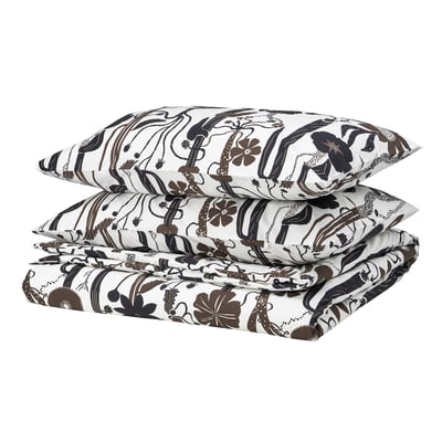 LUNDSKAFTING Sarung duvet dan 2 sarung bantal, putih/hitam/coklat, 200x200/50x80 cm