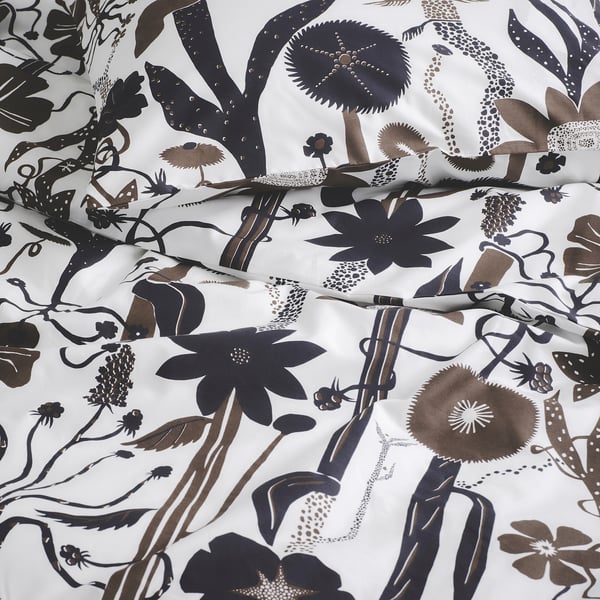 LUNDSKAFTING Sarung duvet dan 2 sarung bantal, putih/hitam/coklat, 200x200/50x80 cm