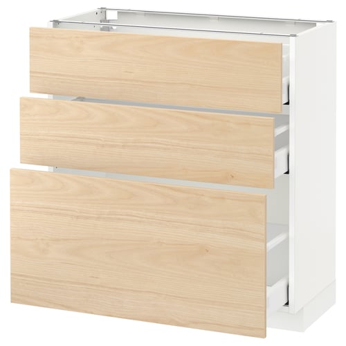 METOD Kabinet dasar dgn 3 laci, putih Maximera/Askersund kesan kayu ash muda, 80x37x80 cm