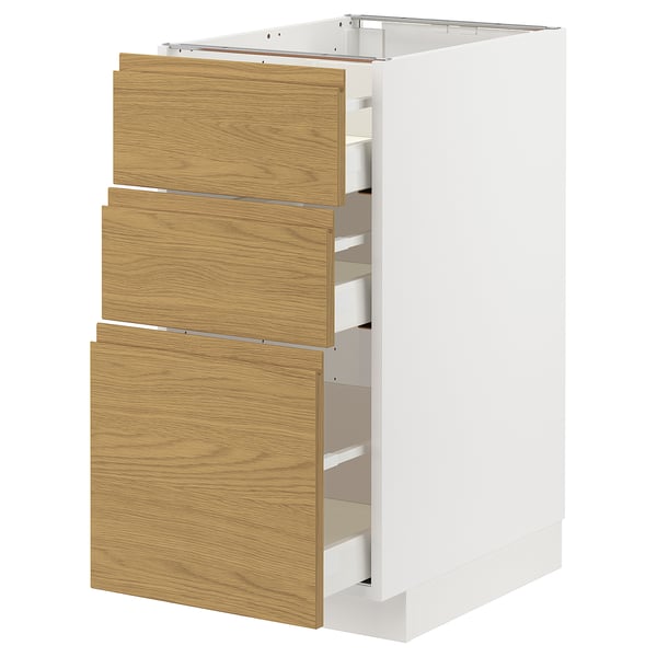 METOD / MAXIMERA Kabinet dasar + 3 laci, putih/Voxtorp kesan kayu oak, 40x60x80 cm