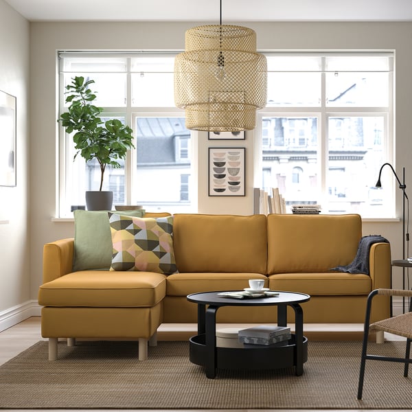 PÄRUP Sofa 3 tempat duduk + chaise longue, Vissle kuning-coklat