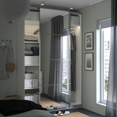 PAX / AULI Almari pakaian dgn pintu gelangsar, putih/kaca cermin, 150x66x236 cm