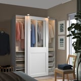 PAX / GRIMO Almari pakaian dgn pintu gelangsar, putih/kaca jernih putih, 150x66x201 cm