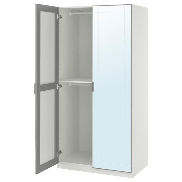 PAX / KAMMARTORP Kombinasi almari pakaian, putih kaca cermin/kelabu, 100x60x201 cm
