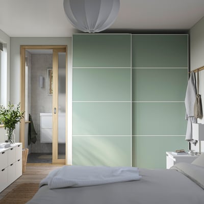 PAX / MEHAMN Almari pakaian dgn pintu gelangsar, putih/dua lapis hijau muda, 200x66x236 cm