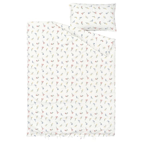 PILDVÄRGMAL Sarung duvet dan sarung bantal, putih/corak bunga-bungaan, 150x200/50x80 cm