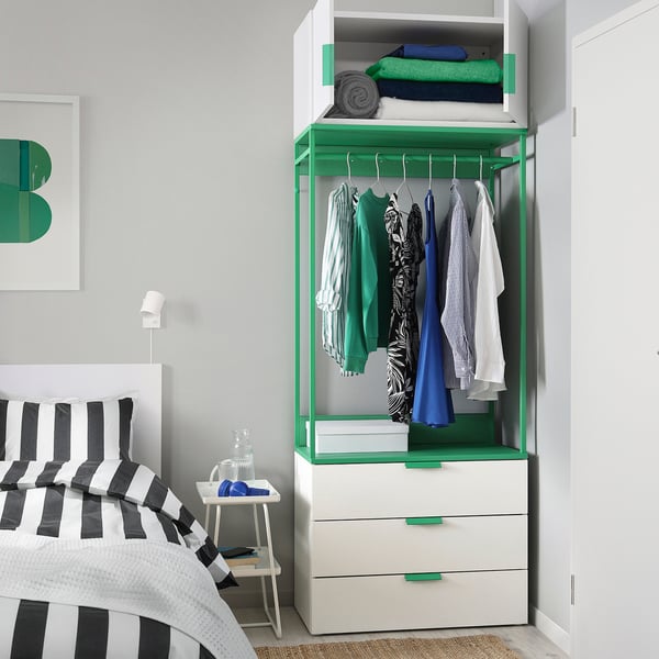 PLATSA Almari pakaian 2 pintu+3 laci, putih/Fonnes hijau, 80x42x221 cm
