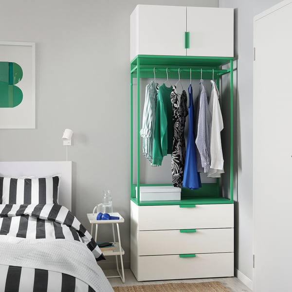 PLATSA Almari pakaian 2 pintu+3 laci, putih/Fonnes hijau, 80x42x221 cm