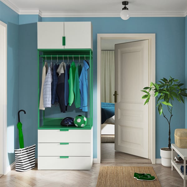 PLATSA Almari pakaian 2 pintu+3 laci, putih/Fonnes hijau, 80x42x221 cm