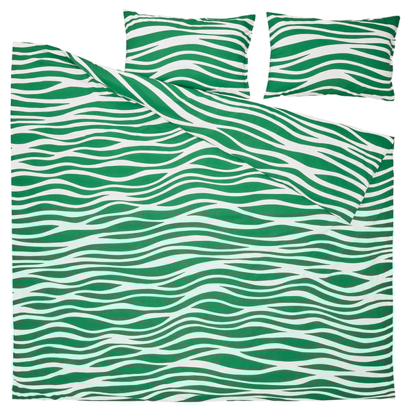 PORTLAKMÅLLA Sarung duvet dan 2 sarung bantal, hijau/putih, 200x200/50x80 cm