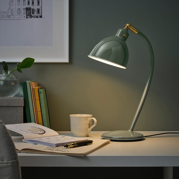RÖDFLIK Lampu meja, kelabu-hijau