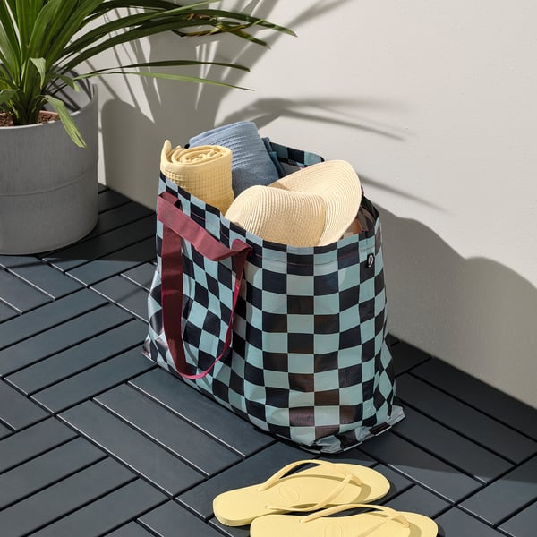 SÄCKKÄRRA Beg, hitam biru/kelabu muda firus corak berpetak, 18x45x45 cm/36 l