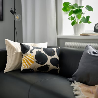 SANDMOTT Kusyen, kuning air hitam/corak kucing, 35x50 cm