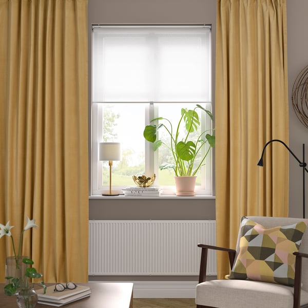 SANELA Langsir, 1 pasang, kuning air-kuning/dengan pita tendas, 140x250 cm
