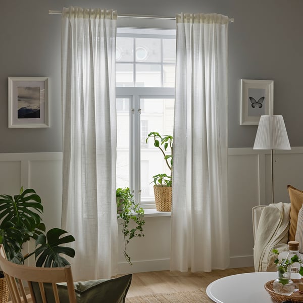 SILVERLÖNN Langsir nipis, 1 pasang, putih/dengan pita tendas, 145x250 cm