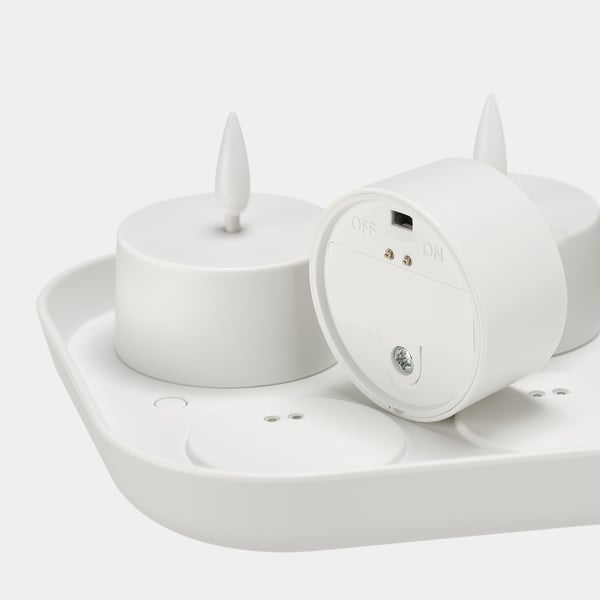 SKATGÅS Kit lilin hiasan LED, dengan dulang pengecas putih