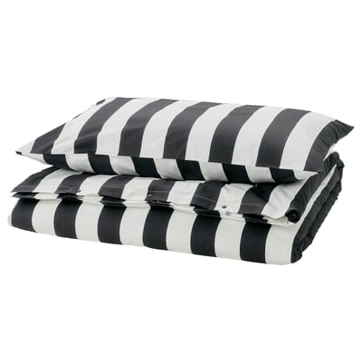 SLÅNHÖSTMAL Sarung duvet dan sarung bantal, hitam/putih/berjalur, 150x200/50x80 cm