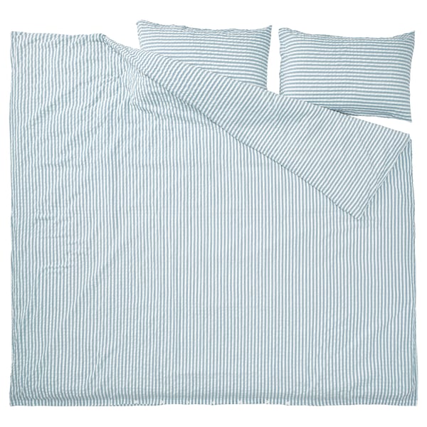 SMÅNUNNEÖRT Sarung duvet dan 2 sarung bantal, kelabu biru gelap putih/berjalur, 200x200/50x80 cm