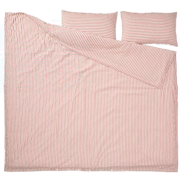 SMÅNUNNEÖRT Sarung duvet dan 2 sarung bantal, merah coklat putih/berjalur, 200x200/50x80 cm