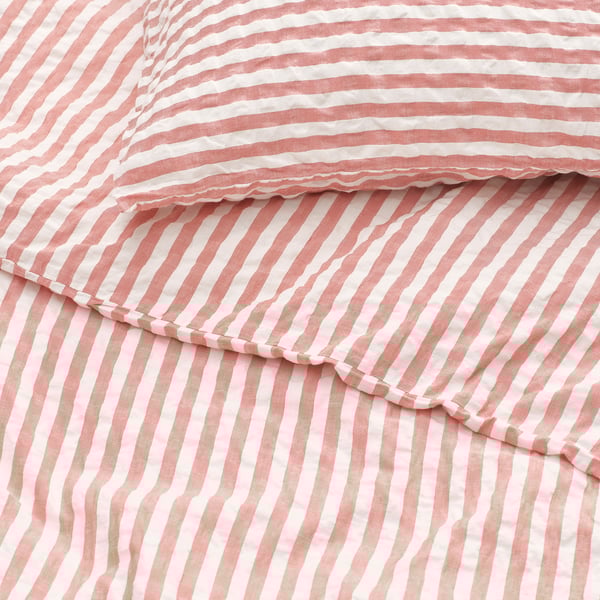 SMÅNUNNEÖRT Sarung duvet dan 2 sarung bantal, merah coklat putih/berjalur, 200x200/50x80 cm