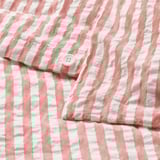 SMÅNUNNEÖRT Sarung duvet dan 2 sarung bantal, merah coklat putih/berjalur, 200x200/50x80 cm