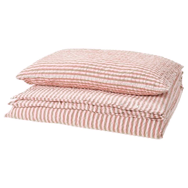 SMÅNUNNEÖRT Sarung duvet dan sarung bantal, merah coklat putih/berjalur, 150x200/50x80 cm