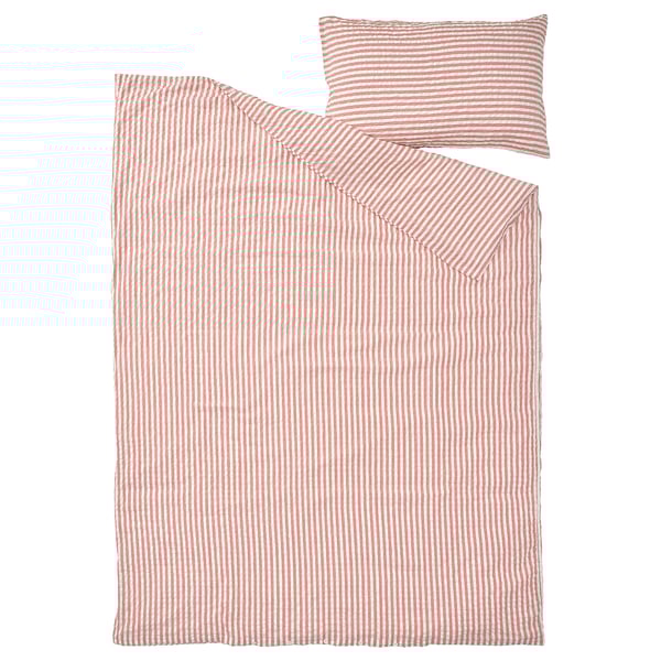 SMÅNUNNEÖRT Sarung duvet dan sarung bantal, merah coklat putih/berjalur, 150x200/50x80 cm