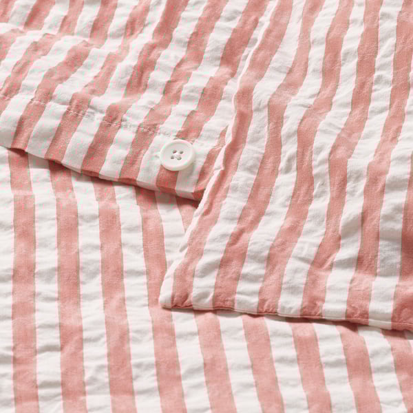 SMÅNUNNEÖRT Sarung duvet dan sarung bantal, merah coklat putih/berjalur, 150x200/50x80 cm