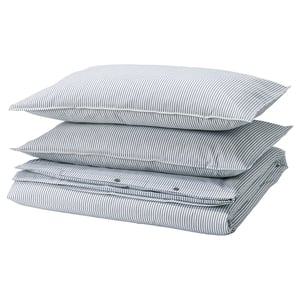 SOLFIBBLA Sarung duvet dan 2 sarung bantal, putih biru/jalur, 200x200/50x80 cm