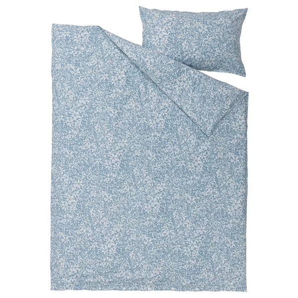 SOMMARSLÖJA Sarung duvet dan sarung bantal, biru/corak bunga-bungaan, 150x200/50x80 cm