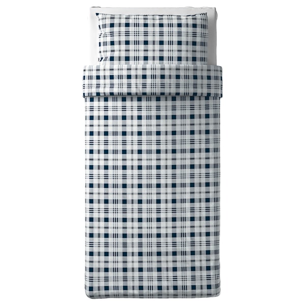 SPIKVALLMO Sarung duvet dan sarung bantal, putih biru/berpetak, 150x200/50x80 cm