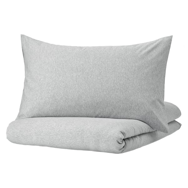SPJUTVIAL Sarung duvet dan 2 sarung bantal, kelabu muda/mélange, 200x200/50x80 cm