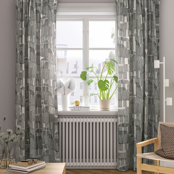 TEMPELFLY Langsir, 1 pasang, putih/hitam/dengan pita tendas, 145x250 cm