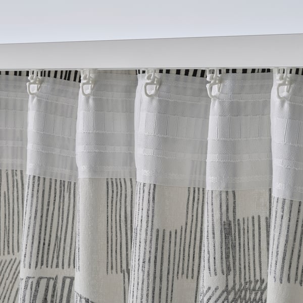TEMPELFLY Langsir, 1 pasang, putih/hitam/dengan pita tendas, 145x250 cm